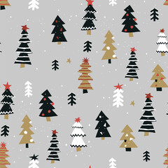 Obraz premium Christmas New Year seamless vector hand drawn pattern with fir trees in the forest.