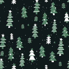 Christmas New Year seamless vector hand drawn pattern with fir trees in the forest.