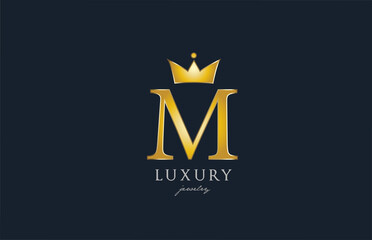 jewelry gold M alphabet letter logo icon. Creative design with king crown for luxury business and company