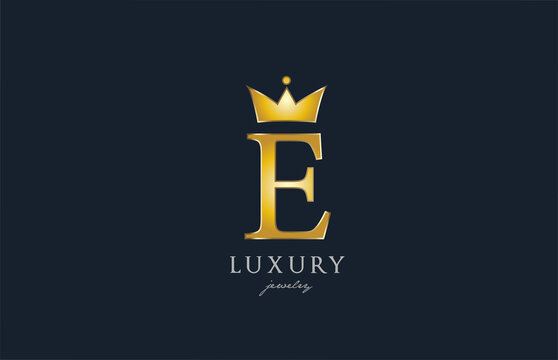 jewelry gold E alphabet letter logo icon. Creative design with king crown for luxury business and company