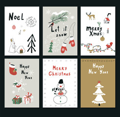 Winter Christmas objects hand drawn vector illustrations  postcards print set.