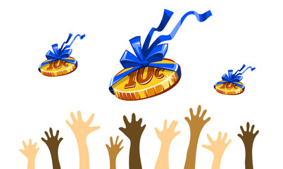 10 cents coin for workers in gift wrapping with bow blue ribbon. Creative concept of inadequate work costs. Unfair business and exploitation for small earnings. Work for food. Vector illustration.