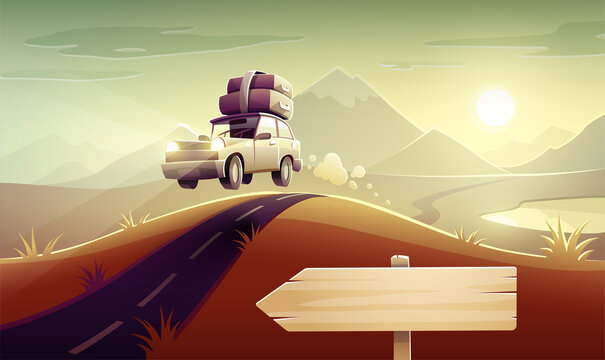 Vacation drive trip by car among mountains and hills. Family travel retro transport vehicle on road route driving with luggage suitcases and trunks at roof. Eps10 vector illustration.