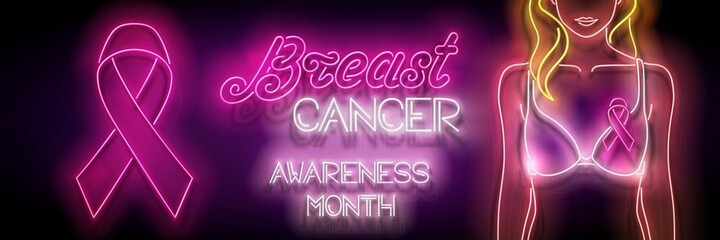 Vintage Glow Banner with Woman Figure, Pink Ribbon and Inscription. Breast Cancer Awareness Month. Neon Poster, Flyer, Invitation. Glossy Background. Vector 3d Illustration