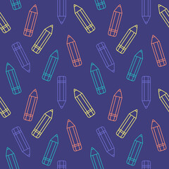 Coloured pencils on navy background. School supplies semaless pattern