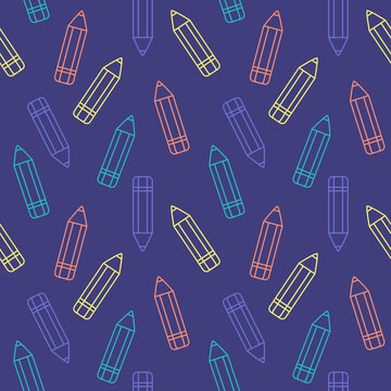 Coloured pencils on navy background. School supplies semaless pattern