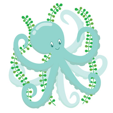 recommend clip art: Blue octopus with water plants, cute cartoon character. Cute octopus with 8 tentacles, vector illustration for children, isolate print design