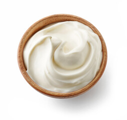 wooden bowl of whipped yogurt cream