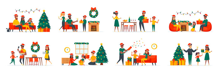 Christmas family bundle of scenes with flat people characters. Happy young family with kids having fun celebrating Christmas conceptual situations. Xmas winter holidays cartoon vector illustration.