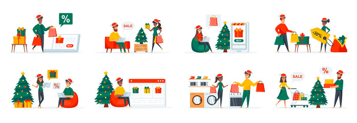 Christmas shopping bundle of scenes with flat people characters. Happy couple with bags, Christmas holidays shopping, winter season discounts situations. Xmas celebration cartoon vector illustration.