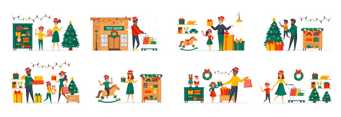 Toys store at Christmas time bundle of scenes with flat people characters. Parents with kids shopping in toys shop conceptual situations. New Year and Xmas winter holidays cartoon vector illustration.
