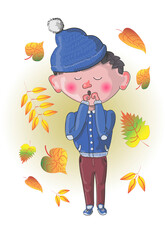 Autumn postcard. A cute boy is drawn, he is frozen, autumn leaves are flying nearby. Isolated on a white background. Stock vector illustration.