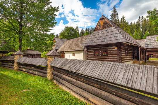 ZUBEREC, SLOVAKIA - AUGUST 24, 2020: Buildings of folk architecture in the natural environment of the Orava Village Museum.
