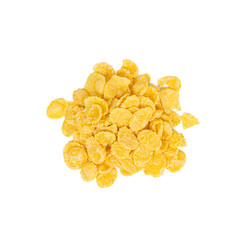 Top view of golden yellow crunchy corn flakes cereal heap isolated on white background.