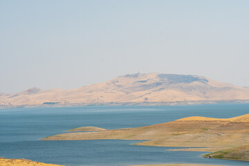 The San Luis Reservoir during dry and hot season, artificial lake on San Luis Creek in the eastern...