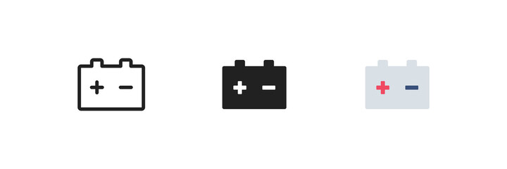 Car battery icon set. Electric, power concept symbol. Auto accumulator logo in vector flat