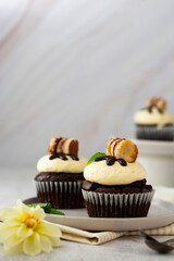 Delicious chocolate cupcake with vanilla butter cream.Copy space.