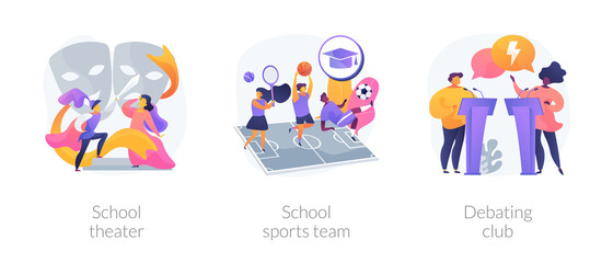After-school activity abstract concept vector illustration set. School theater, sports team, debating club, kids drama class, speaking class, communication skill, workshop abstract metaphor.