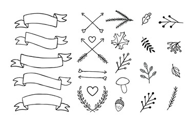 Vector set bundle of hand drawn doodle sketch autumn elements isolated on white background