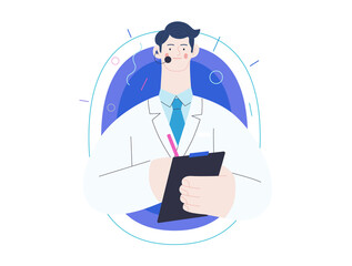 Medical insurance template -help 24 per 7, call us -modern flat vector concept digital illustration of male doctor with headset talking on the phone for a medical consultation. Medical company service