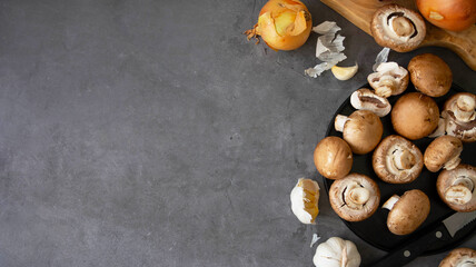 Brown raw mushrooms, cooking healthy food, top view. Copy space. Baner.
