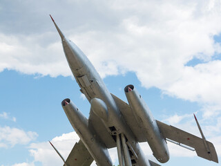 Odessa, Marinovka, Ukraine, July 15, 2018: Monument plane fighter in flight against the blue sky....