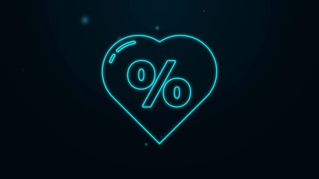 Glowing neon line Discount percent tag in heart icon isolated on black background. Shopping tag sign. Special offer sign. Discount coupons symbol. 4K Video motion graphic animation