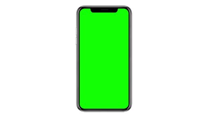 Mobile phone with blank green screen isolated on white background. 3d rendering