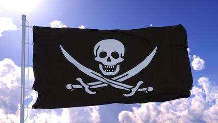 Realistic Pirate flag waving in wind against blue sky. 3d rendering