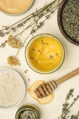 Natural homemade organic cosmetic. Creams and balms with herbal ingredients, top view.	