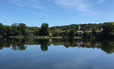 Church spire reflected in the Delaware River