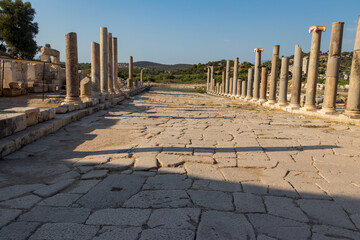 Patara (Pttra). Ruins of the ancient Lycian city Patara. Amphi-theatre and the assembly hall of Lycia public. Patara was at the Lycia (Lycian) League's capital. Aerial view shooting. Antalya, TURKEY