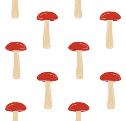 Vector seamless pattern of hand drawn doodle sketch colored brown cap boletus mushroom isolated on white background
