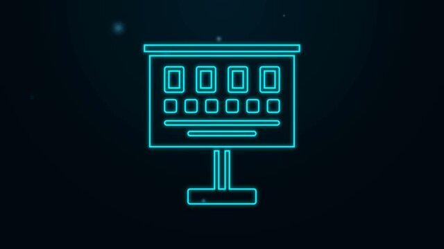 Glowing neon line Eye test chart icon isolated on black background. Poster for vision testing in ophthalmic study. Snellen chart. 4K Video motion graphic animation
