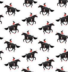 Vector seamless pattern of flat cartoon witch riding unicorn isolated on white background