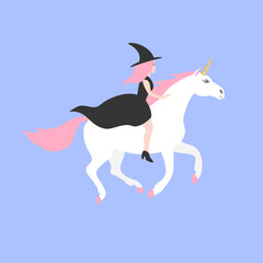 Vector flat cartoon witch riding white unicorn isolated on blue background