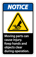 Notice Moving parts can cause injury sign on white background