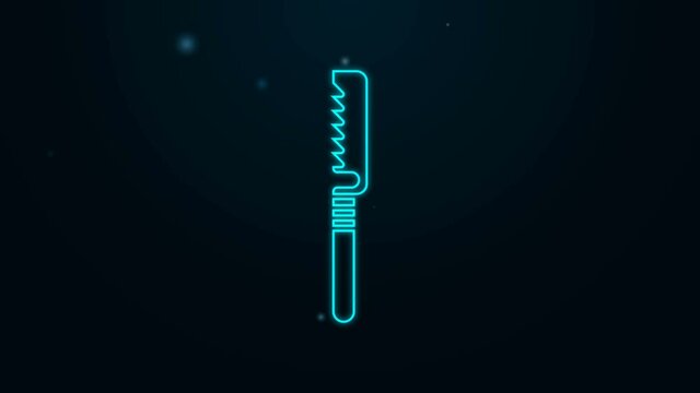 Glowing neon line Medical saw icon isolated on black background. Surgical saw designed for bone cutting limb amputations and before bone grafting. 4K Video motion graphic animation