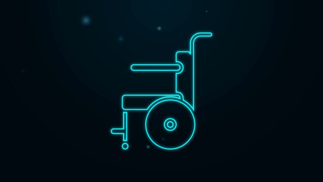 Glowing neon line Wheelchair for disabled person icon isolated on black background. 4K Video motion graphic animation
