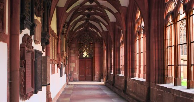 Corridor of inner courtyard of Basel Cathedral. Interior of Basel Minster. Switzerland