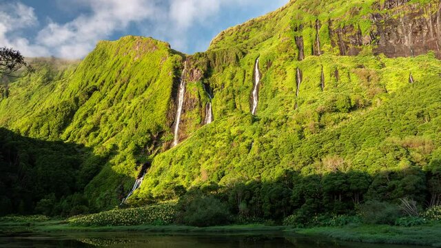 Waterfalls and lakes at Flores Island in Azores, Portugal