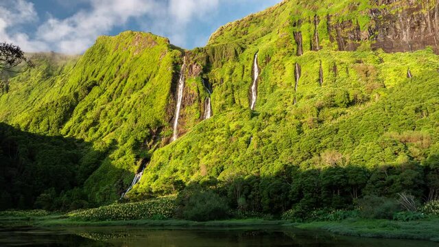 Waterfalls and lakes at Flores Island in Azores, Portugal
