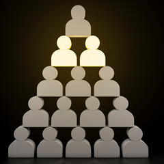 Glowing people silhouettes pyramid on black background