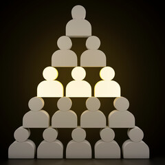 Glowing people silhouettes pyramid on black background