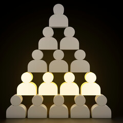 Glowing people silhouettes pyramid on black background