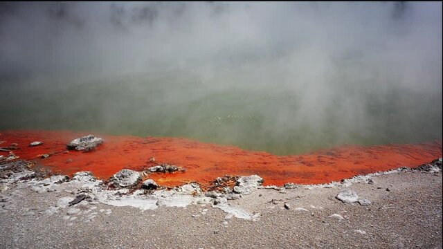 Unique steaming and bubbling spring Champagne Pool in Wai-O-Tapu geothermal area, Rotorua, New Zealand 
