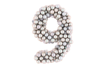 Number 9 from white pearls, 3D rendering