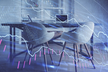 Multi exposure of financial graph drawing and office interior background. Concept of market analysis.