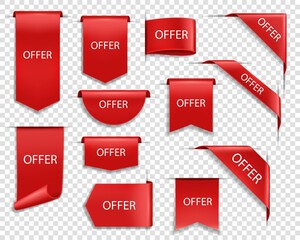 Offer red vector banners, isolated ribbons and labels. Sale shopping flags with curled edges, tags, sale offer badges. Web business corners, discount silk promotional event realistic 3d icons set - obrazy, fototapety, plakaty