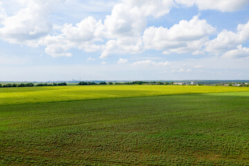 Panoramic top view of farmland, view of the контросиде. Shadow of clouds on the fields